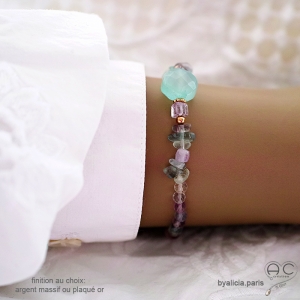 Bracelet calcédoine aqua, fluorite, améthyste sur élastique, plaqué or ou argent fait main en France