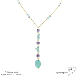 collier cravate pierres naturelles pastel calcédoine, fluorite, améthyste, plaqué or ou argent, fait main en France