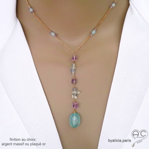 Collier cravate en calcédoine aqua, fluorite et améthyste claire, chaîne plaqué or ou argent, fait main, création by Alicia