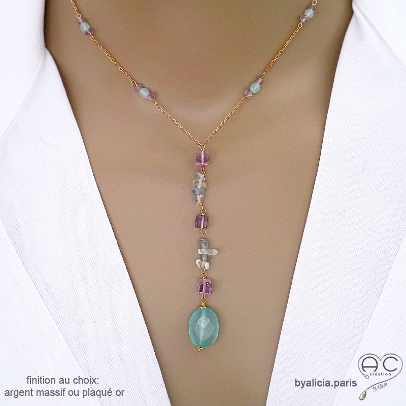 Collier cravate en calcédoine aqua, fluorite et améthyste claire, chaîne plaqué or ou argent, fait main, création by Alicia