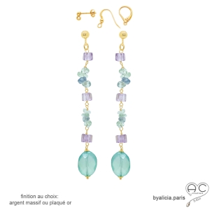 Boucles d'oreilles longues plaqué or ou argent avec calcédoine, fluorite, améthyste claire pierres naturelles pastel, fait main