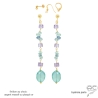 Boucles d'oreilles longues plaqué or ou argent avec calcédoine, fluorite, améthyste claire pierres naturelles pastel, fait main