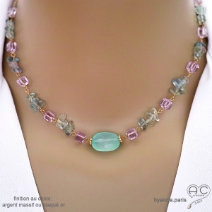 Collier en calcédoine aqua, fluorite, améthyste claire, chaîne vermeil ou argent, fait main, création by Alicia