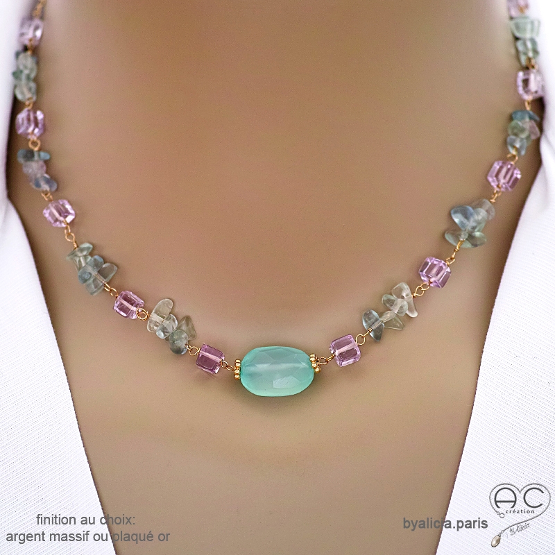 Collier en calcédoine aqua, fluorite, améthyste claire, chaîne vermeil ou argent, fait main, création by Alicia