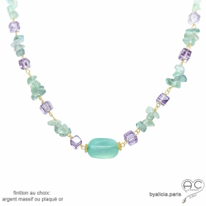 collier pierres naturelles pastel calcédoine, fluorite, améthyste, plaqué or ou argent, fait main en France