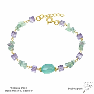 bracelet avec pierres naturelles pastel calcédoine aqua fluorite finition argent ou plaqué or
