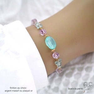 Bracelet en calcédoine aqua, fluorite, améthyste claire, plaqué or ou argent, fait main, création by Alicia