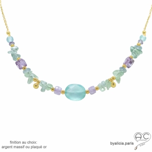collier pierres semi-précieuses pastel calcédoine, fluorite, améthyste claire, plaqué or ou argent, fait main en France