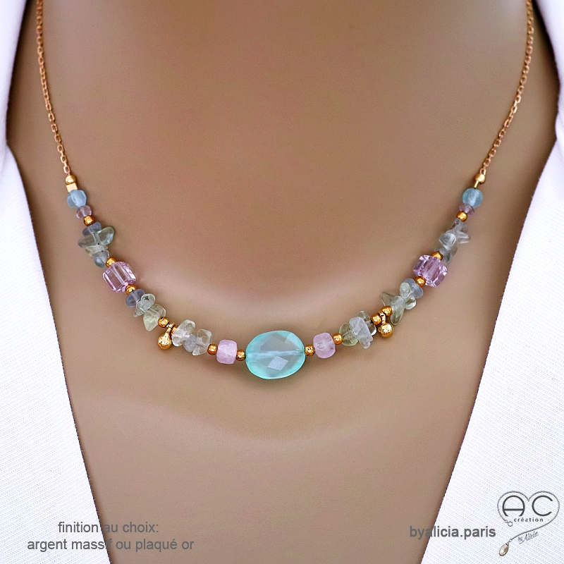 Collier en calcédoine aqua, fluorite, améthyste claire, chaîne fine plaqué or ou argent, fait main, création by Alicia