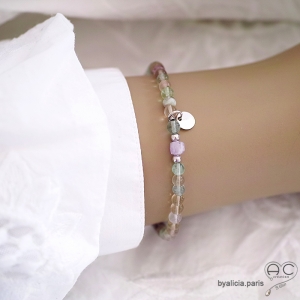 Bracelet fin fluorine et pampille médaille en argent massif, pierre semi-précieuse pastel, fait main