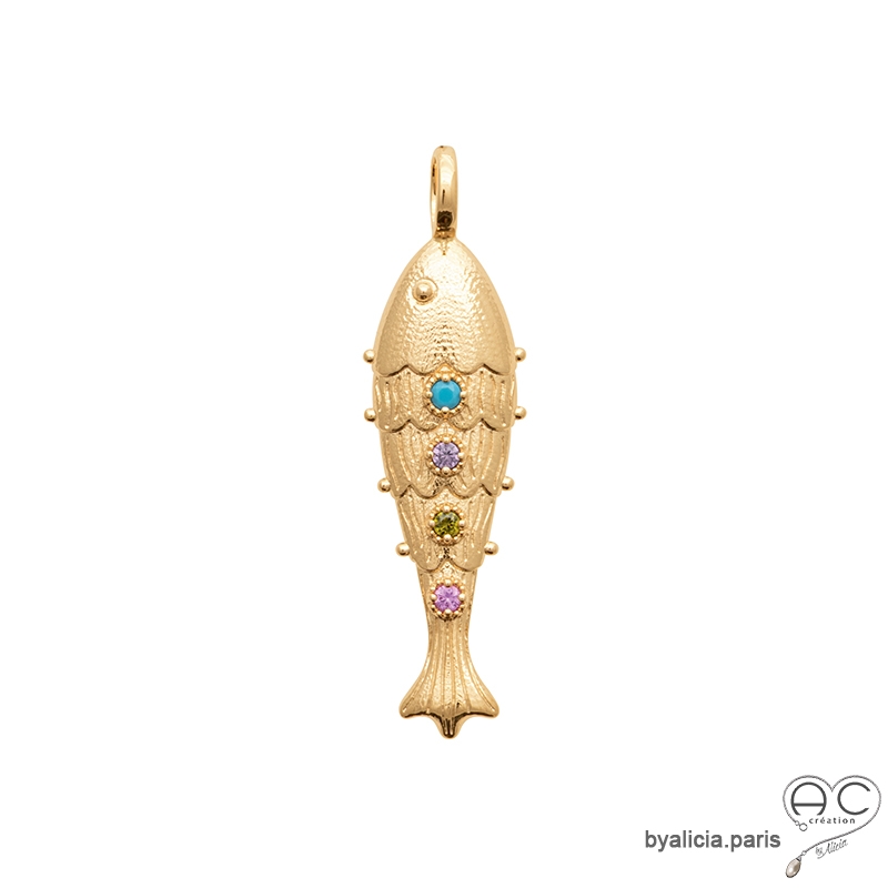 pendentif poisson plaqué or zirconiums colorés