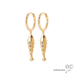 boucles oreilles poisson créoles plaqué or zirconiums colorés