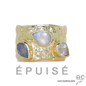 Bague anneau BAYA pierres naturelles, labradorite et pierre de lune rainbow serti sur anneau large martelé en plaqué or, femme