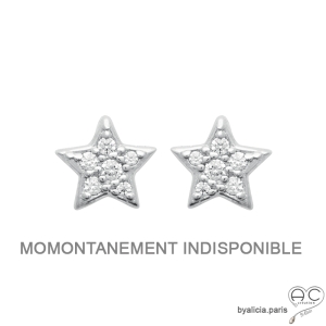 Puces d'oreilles, étoile brillante, boucles d'oreilles en zirconium et argent massif, clous, femme