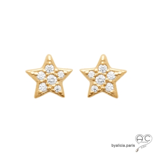 Puces d'oreilles, étoile brillante, boucles d'oreilles en zirconium et plaqué or 3MIC, clous, femme
