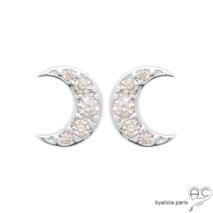 Puces d'oreilles croissant de lune, boucles d'oreilles brillantes en zirconium et argent massif, clous, femme