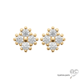 Puces d'oreilles carré, petites boucles d'oreilles brillantes en zirconium et plaqué or 3MIC, clous, femme