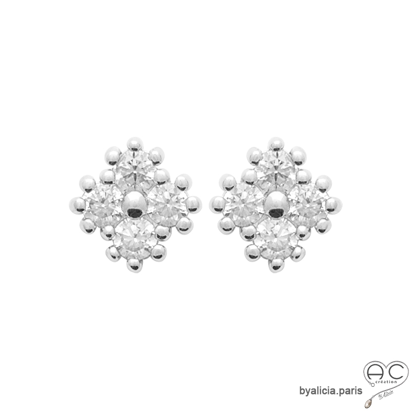 Puces d'oreilles carré, petites boucles d'oreilles brillantes en zirconium et argent massif, clous, femme