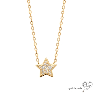 Collier avec étoile brillante en zirconium et plaqué or 3MIC, ras du cou, femme