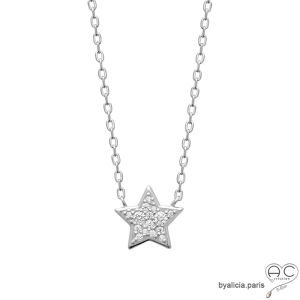 Collier avec étoile brillante en zirconium et argent massif rhodié, ras du cou, femme