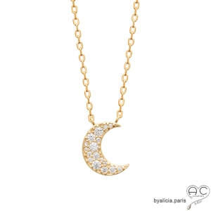 Collier avec croissant de lune brillant en zirconium et plaqué or 3MIC, ras du cou, femme