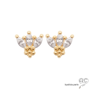 Petites boucles d'oreilles brillantes en zirconium et plaqué or 3MIC, puces d'oreilles fleur, clous, femme