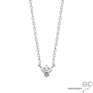 Collier avec fleur brillante en zirconium et argent massif rhodié, ras du cou, femme