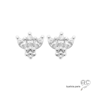 Petites boucles d'oreilles brillantes en zirconium et argent massif, puces d'oreilles fleur, clous, femme