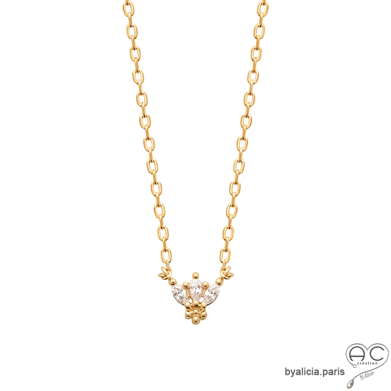 Collier avec fleur brillante en zirconium et plaqué or 3MIC, ras du cou, femme