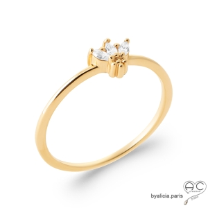 Bague fine avec fleur en zirconium brillant et plaqué or 3MIC, empilable, femme