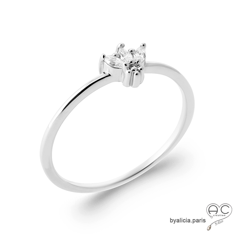 Bague fine avec fleur en zirconium brillant et argent massif rhodié, empilable, femme