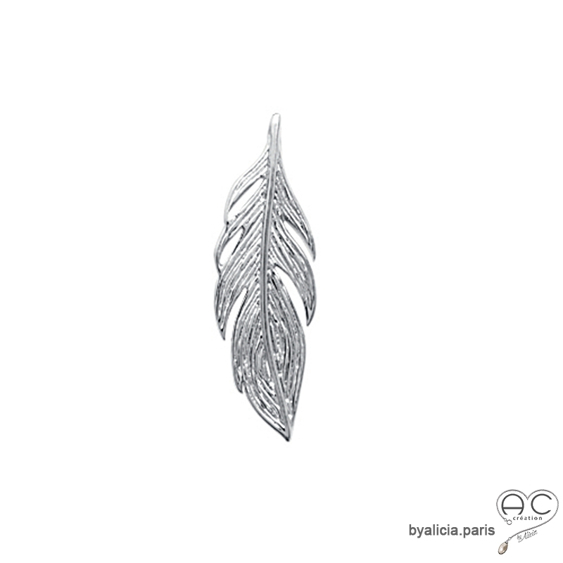 Pendentif plume en argent 925 rhodié, collier ras du cou, femme