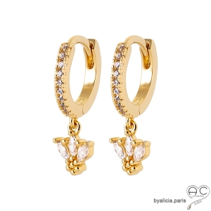 Petites créoles brillantes avec pendant fleur, boucles d'oreilles en zirconium et plaqué or, tendance
