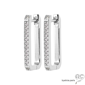 Créoles rectangulaires en argent massif rhodié et zirconium brillant de face, boucles d'oreilles tendance