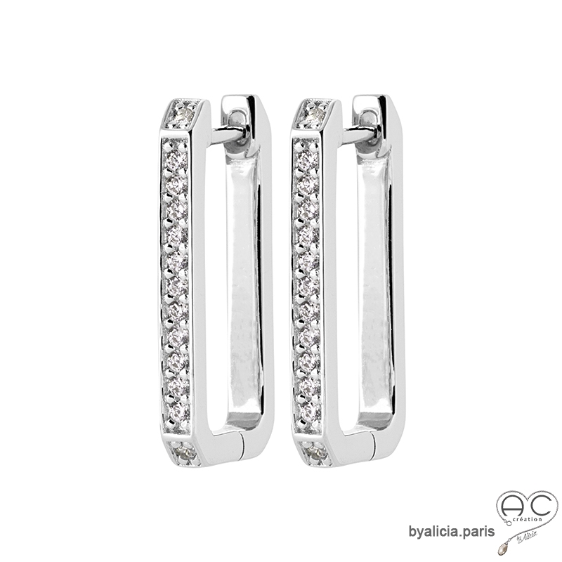 Créoles rectangulaires en argent massif rhodié et zirconium brillant de face, boucles d'oreilles tendance