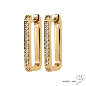 Créoles rectangulaires en plaqué or et zirconium brillant de face, boucles d'oreilles tendance