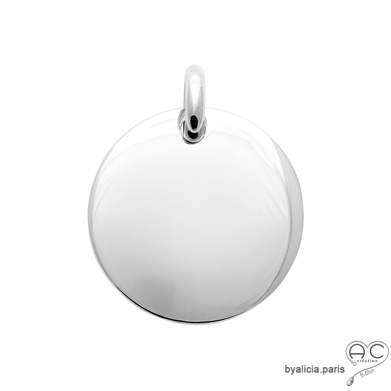 Pendentif grande médaille ronde, bombée des deux côtés en argent 925 rhodié