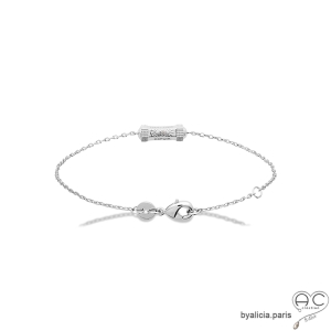 Bracelet talisman, cartouche en argent massif serti d'un zirconium brillant