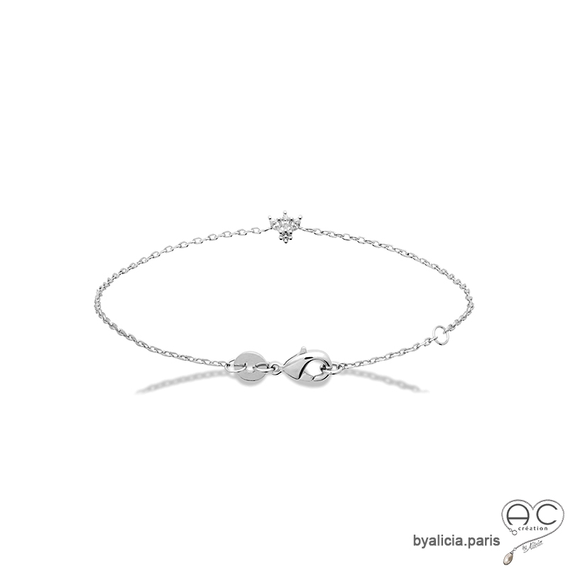 Bracelet fin avec fleur brillante en zirconium et argent massif rhodié, femme