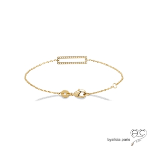 Bracelet barrette serti avec zirconiums brillants, en plaqué or 3MIC, fin, femme, tendance