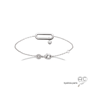 Bracelet barrette avec  zirconium brillant mobile, en argent massif rhodié , fin, femme