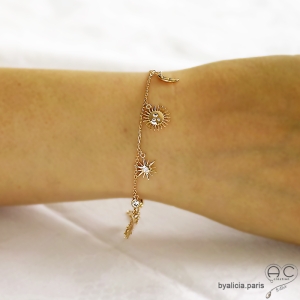 Bracelet pampilles astres, plaqué or, zirconium brillant