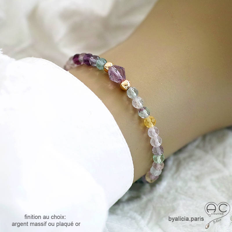 Bracelet en fluorite, plaqué or, fait main, création by Alicia