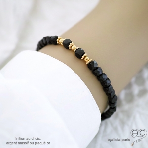 Bracelet en spinelle noire cube, pierre semi-précieuse et plaqué or, fait main, création by Alicia