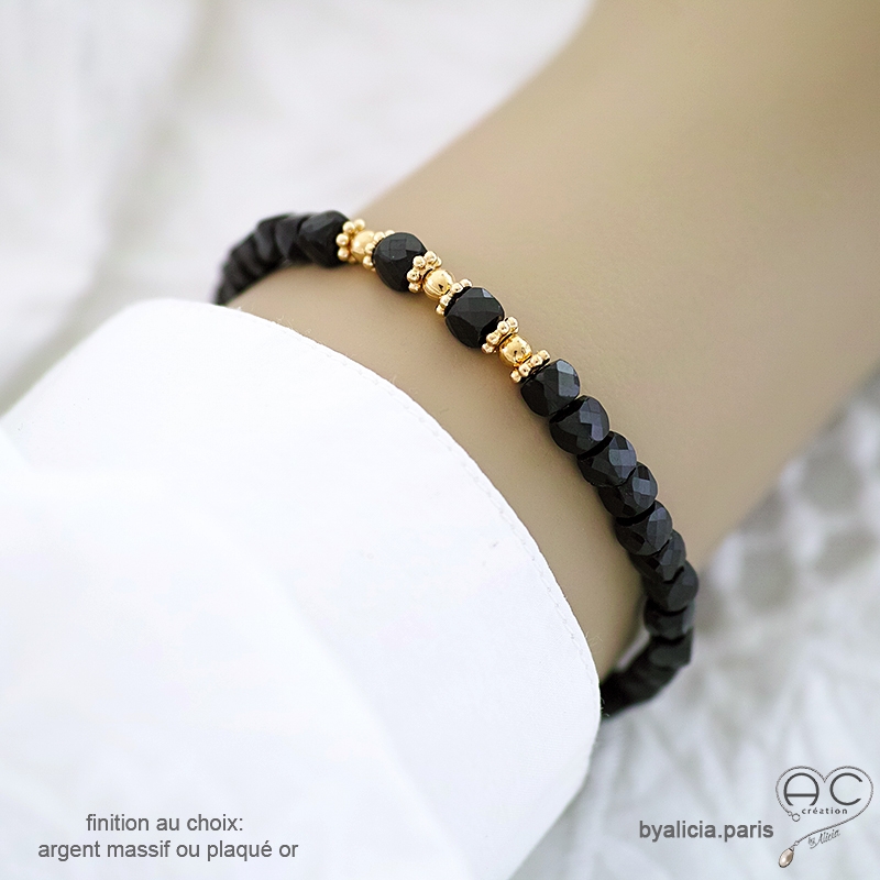 Bracelet en spinelle noire cube, pierre semi-précieuse et plaqué or, fait main, création by Alicia