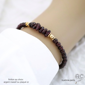 Bracelet grenat, pierre semi-précieuse rouge et plaqué or, élastique, création by Alicia