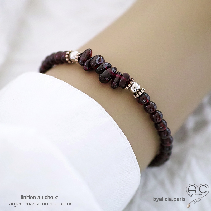 Bracelet grenat, pierre semi-précieuse rouge et argent massif, élastique, création by Alicia