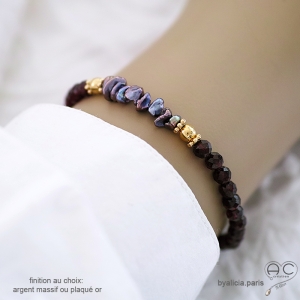 Bracelet grenat et perles keshi grises, pierre semi-précieuse, plaque or, élastique, fait main création by Alicia