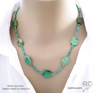 bijou femme collier vert en pierre naturelle chrysoprase finition argent ou plaqué or, artisanal