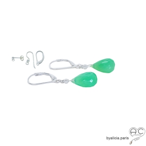 boucles d'oreilles pendantes vertes en argent et chrysoprase, créateur français